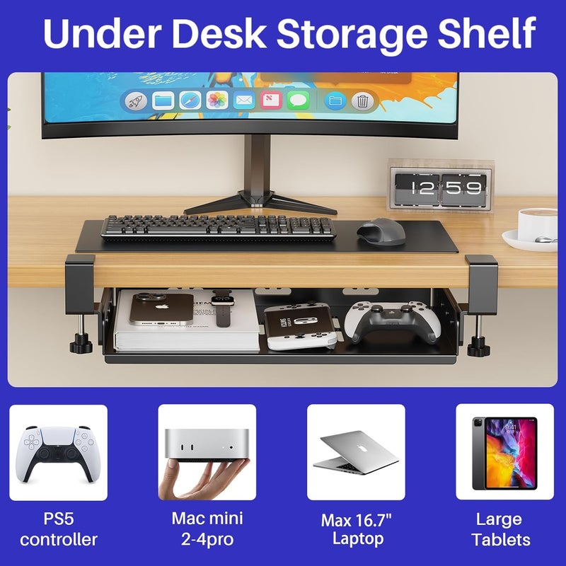 BYMECOST No Drill Under Desk Laptop Mount, Metal Under Desk Storage Shelf with Cable Management, Laptop Storage Tray for MacBook, Keyboard, Mac Mini, Anti-Scratch Silicone, Fits Office, Gaming, Workstations - Image 4